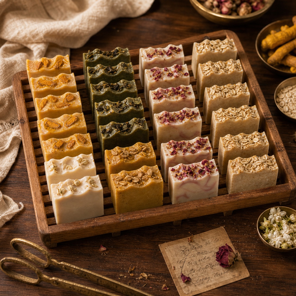 Soap bars curing on a wooden tray