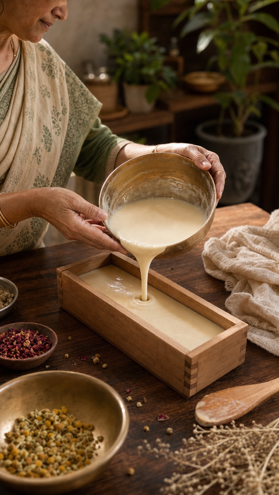 Archana pouring soap base into the mould